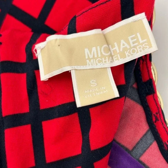 Michael Kors Mod Geometric Grid Print Shift Dress Red Black Chain Neckline Small - Picture 4 of 8